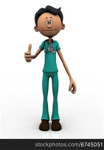 A young cartoon doctor, wearing a stethoscope, doing a thumbs up. White background.. Cartoon doctor doing a thumbs up.