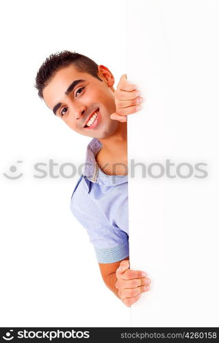 A young casual man holding a white card