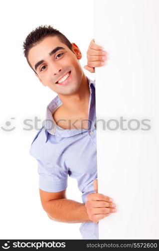 A young casual man holding a white card