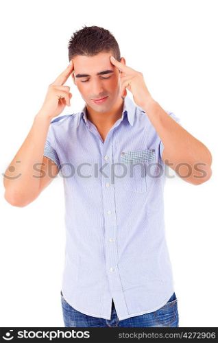 A young casual man with a headache, isolated over white