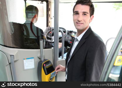 A young controller in a bus.