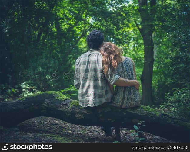A young couple is sitting on a log in the forest and embracing
