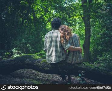 A young couple is sitting on a log in the forest and embracing