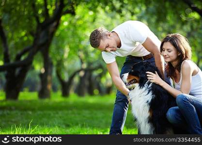 A young couple walking a dog in the park