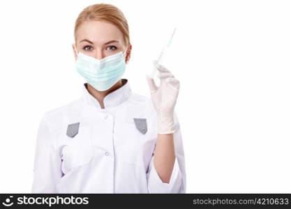 A young doctor with a syringe on white background