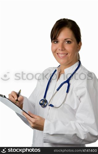 a young doctor with stethoscope. against a white background