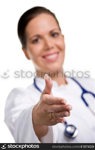 a young doctor with stethoscope. greet with a handshake