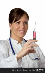 a young doctor with stethoscope. with an injection syringe