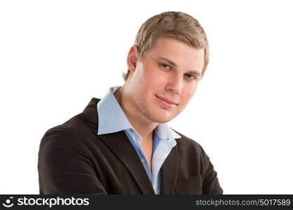 A young executive looking at camera confidently while isolated on a white background