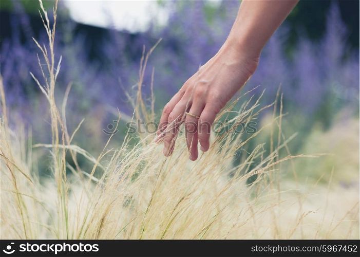 A young female hand with a wedding band is touching some grass outside in summer