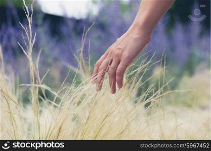 A young female hand with a wedding band is touching some grass outside in summer