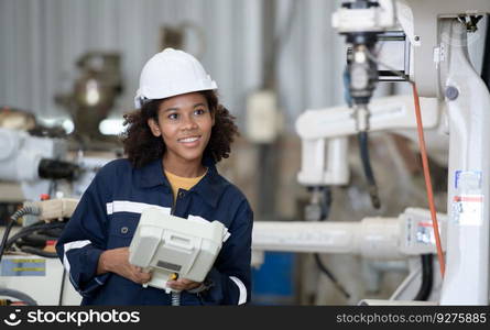A young female worker is controlling a mechanical robot. to sort out the items that come into the warehouse to wait for the next shipment.