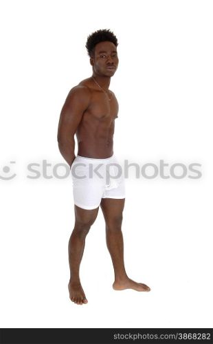 A young handsome African American man standing in white underwearisolated for white background.