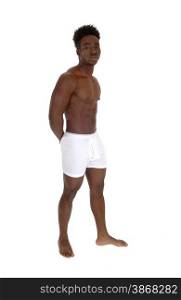 A young handsome African American man standing in white underwearisolated for white background.
