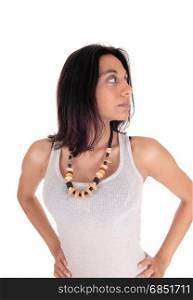 A young Hispanic woman in a white t-shirt and necklace looking away,isolated for white background.