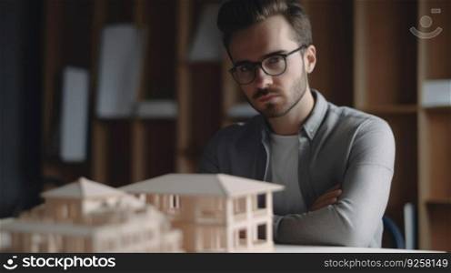 A young male architect with determined face working with building model in creative office. Generative AI AIG21.