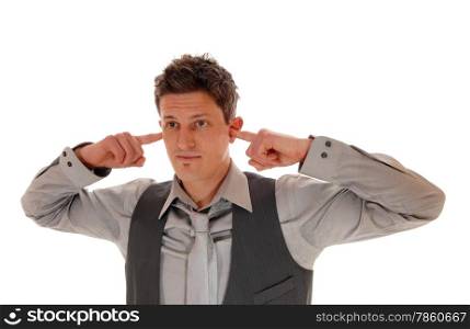 A young man don&rsquo;t like to hear what the people are saying, hi put hisfinger in his ear&rsquo;s, isolated for white background.