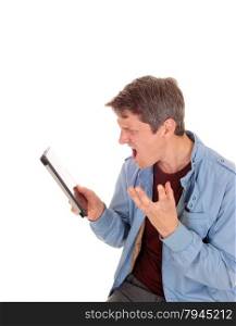 A young man in a blue jacket holding his tablet and shouting at it,isolated for white background.