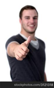 A Young man in casual clothing showing thumb up