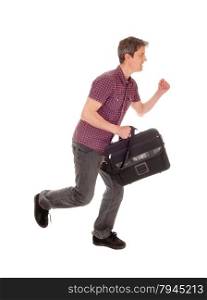 A young man in jeans holding his briefcase and running, isolatedfor white background.