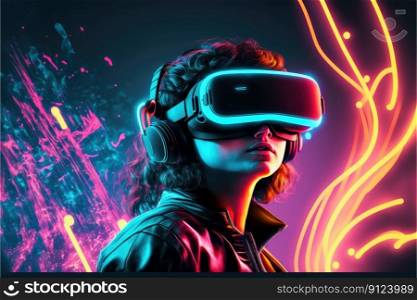 A young man in VR glasses playing video games with virtual reality headset. Concept of gaming in cyberpunk lifestyles. Finest generative AI.. A young man in VR glasses playing video games with virtual reality headset.