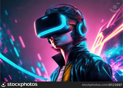 A young man in VR glasses playing video games with virtual reality headset. Concept of gaming in cyberpunk lifestyles. Finest generative AI.. A young man in VR glasses playing video games with virtual reality headset.