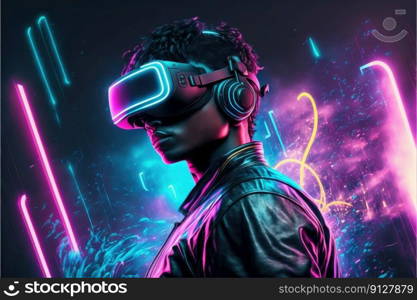 A young man in VR glasses playing video games with virtual reality headset. Concept of gaming in cyberpunk lifestyles. Finest generative AI.. A young man in VR glasses playing video games with virtual reality headset.