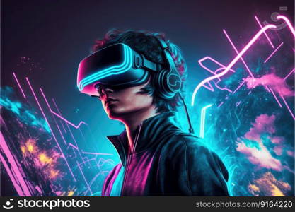 A young man in VR glasses playing video games with virtual reality headset. Concept of gaming in cyberpunk lifestyles. Finest generative AI.. A young man in VR glasses playing video games with virtual reality headset.