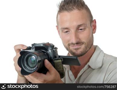 a young man photographer isolated on a white background