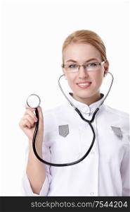 A young nurse with a stethoscope on a white background