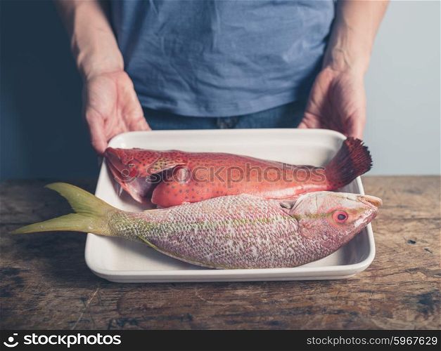 A young person is holding a tray at a table with two exotic fish in it