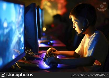 A young person sits at a gaming PC and plays a game created with generative AI technology