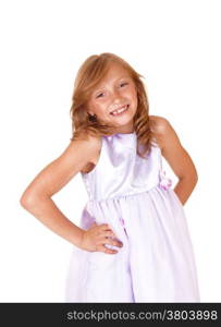 A young pretty girl dress and curly blond hair standing smiling, isolatedfor white background.