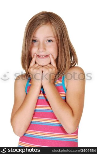 A young pretty girl stretched her mouth with her fingers tomimic a bright smile, on white background.