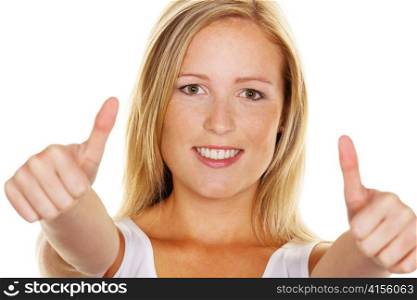 a young, successful woman holds his thumb up. symbol for success, exempted white background