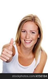 a young, successful woman holds his thumb up. symbol for success, exempted white background