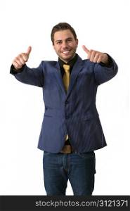 A young sympathetic businessman in a Blue suit with a golden tie doing thumbs up