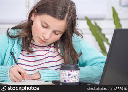 a young teenage girl is doing her homework