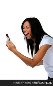 a young woman gets a welcome sms message on your mobile phone