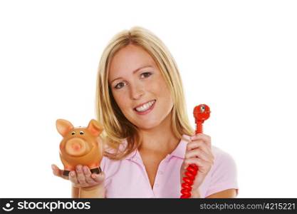 a young woman holding a piggy bank and a power plug. symbolic photo for energy cost