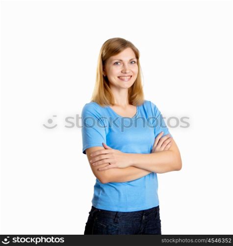 a young woman in studio against white background