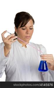 a young woman in the research of various chemicals in a laboratory
