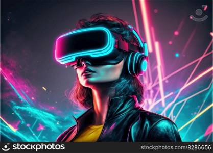 A young woman in VR glasses playing video games with virtual reality headset. Concept of gaming in cyberpunk lifestyles. Finest generative AI.. A young woman in VR glasses playing video games with virtual reality headset.