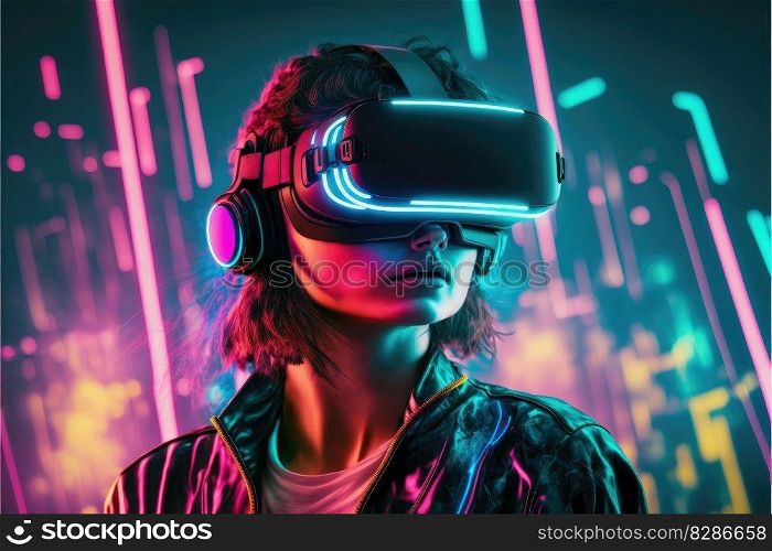 A young woman in VR glasses playing video games with virtual reality headset. Concept of gaming in cyberpunk lifestyles. Finest generative AI.. A young woman in VR glasses playing video games with virtual reality headset.