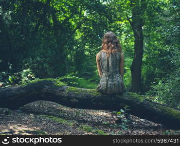 A young woman is sitting on a log in a clearing in the forest