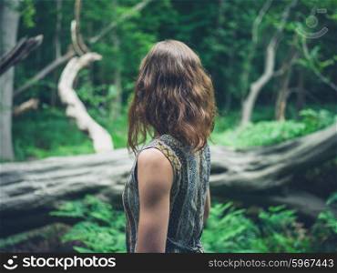 A young woman is standing in the forest by a fallen tree