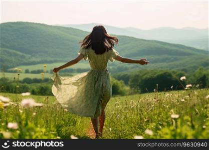 A young woman runs carefree over a beautiful flower meadow in sunshine