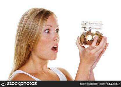 a young woman saves money and coins for the future. pension and savings.