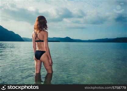 A young woman wearing a bikini is standing in the water and is looking at a tropical island