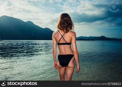 A young woman wearing a bikini is standing in the water and is looking at a tropical island